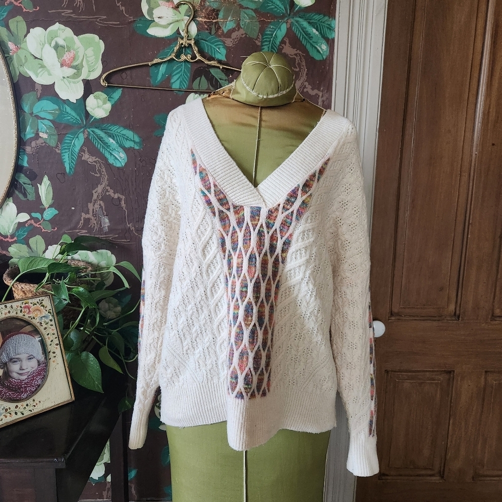 BLACK TAPE Oversized Knit Sweater – Cozy Textured V-Neck with Multicolor Inset